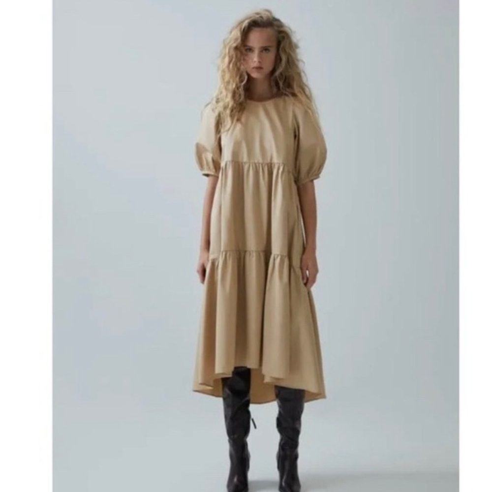 Zara Blogger Favorite Tiered Poplin Asymmetrical High Low Dress Tan Size XS